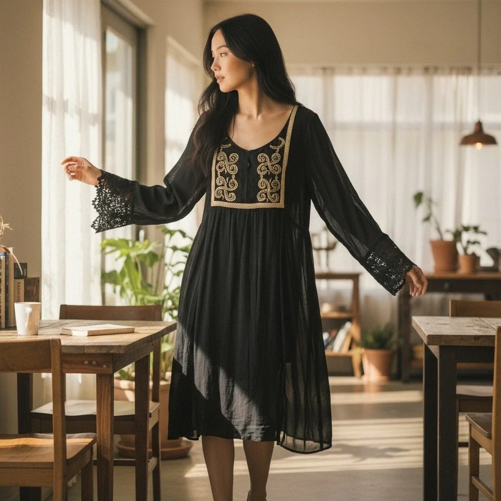 Free People Mini Dress Small Black Gold Embroidered Lace Bell Sleeve Boho Witchy